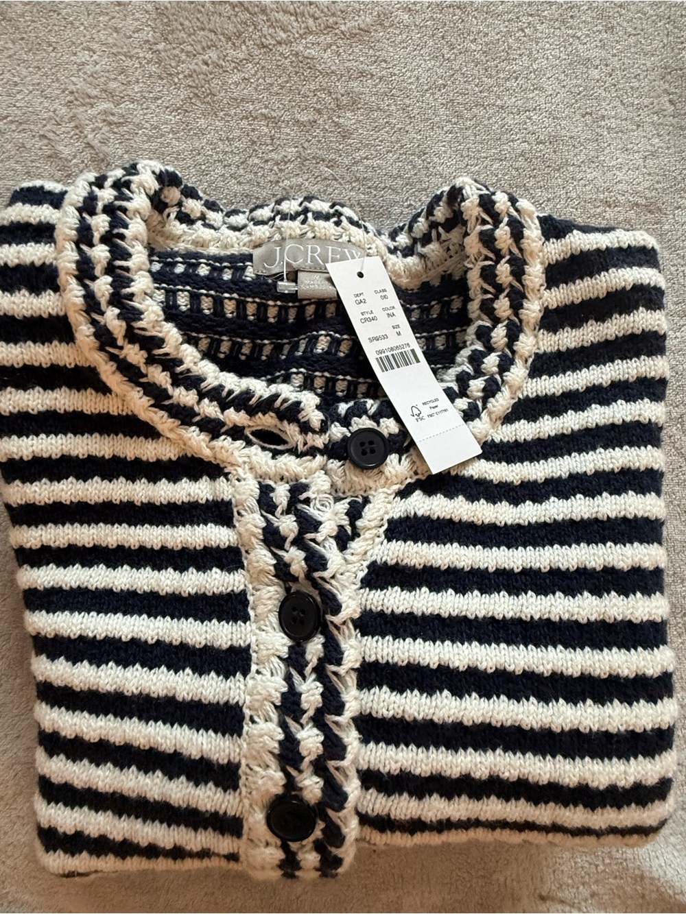 J. Crew Black and Cream Striped Crochet-Trim Cardigan